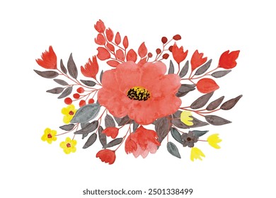 Set of floral branch. Flower red. Set of floral elements. Flower and green leaves. Wedding flowers, floral poster, invite. Vector arrangements red roses flowers for greeting card or invitation