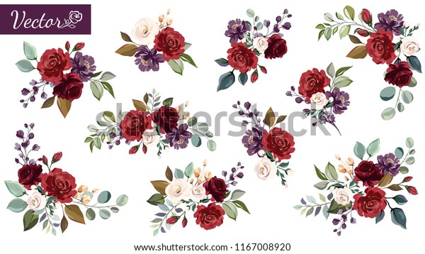 Set Floral Branch Flower Red Burgundy Stock Vector (Royalty Free ...