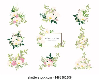 Set of floral branch. Flower and rose decoration frame for wedding logo. Floral poster, Vector arrangements for greeting card or invitation design template vector