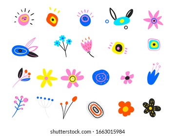 Blumenstrauß. Blühende weiße Rose, grüne Blätter. Set von flachen Symbol-Blumensymbole in Silhouette einzeln auf weiß. Rutschretro-Design in hellen Farben für Aufkleber, Etiketten, Tags, Geschenkpapier
