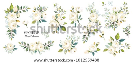 Set of floral branch. Flower white rose, green leaves. Wedding concept. Floral poster, invite. Vector arrangements for greeting card or invitation design background