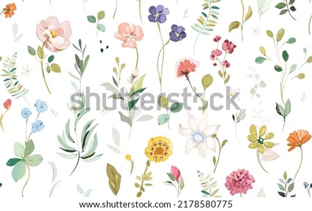 Set of floral branch - seamless pattern. Flower pink, green leaves. Botanical, wildflowers  arrangements 