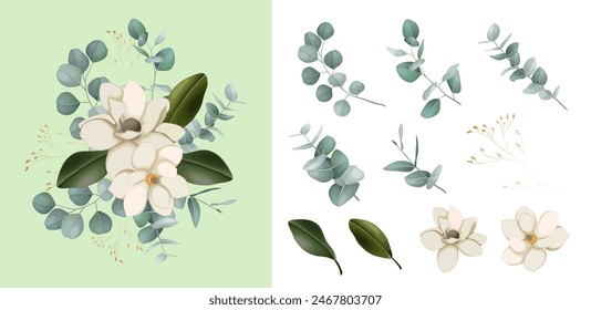 Set of floral branch, wreath. Flower white, green leaves. Wedding concept. Floral poster, invite. Vector arrangements for greeting card or invitation design background