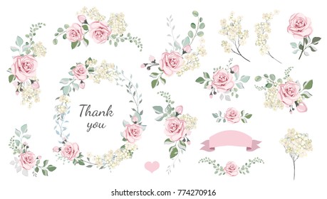 Set of floral branch, wreaths, heart. Flower pink rose, leaves. Wedding concept. Floral poster, invite. Vector arrangements for greeting card or invitation design background