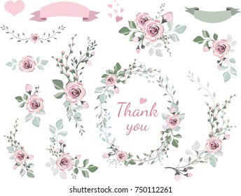 Set of floral branch, wreaths, hearts. Flower pink rose, leaves. Wedding concept. Floral magazine, poster, invite. Vector  decorative greeting card or invitation design background