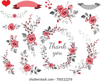 Set of floral branch, wreaths, hearts. Flower red rose, leaves. Wedding concept. Floral magazine, poster, invite. Vector  decorative greeting card or invitation design background