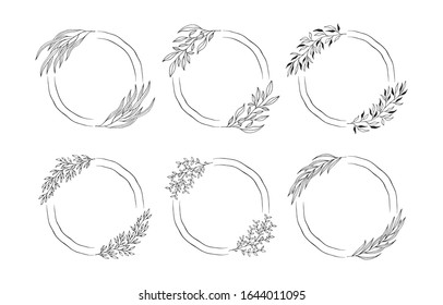 Set of floral branch wreaths. Vector isolated spring flourish borders. Rustic frames for wedding invitation cards. 