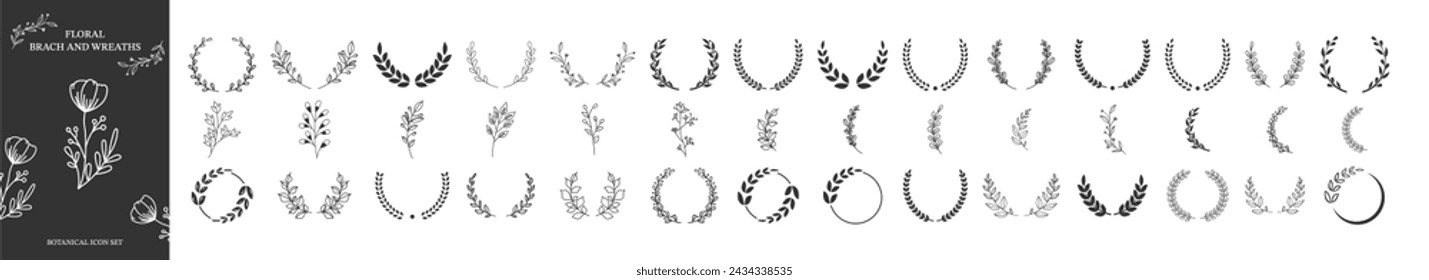 Set of floral branches and wreaths. Laurel wreaths icons collection. Foliate laurels branches. Award winner champion. Vector illustration 