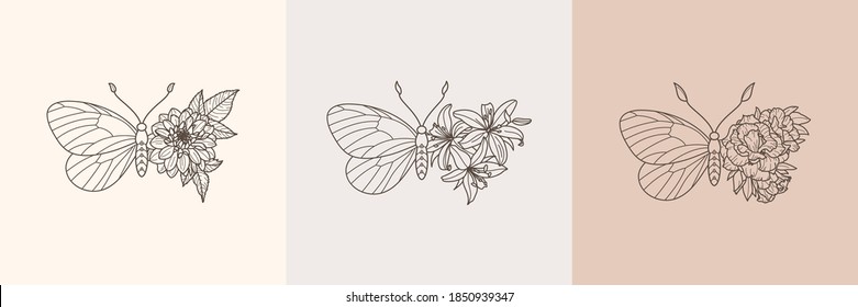 Set Floral Butterfly icon in Linear Minimalist trendy style  Vector outline Emblem Wings and Flowers for creating logos beauty salons  t  shirt print  wall art  postcard