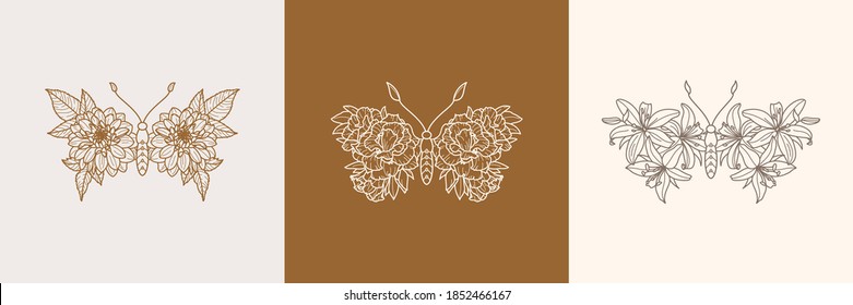 Set of Floral Butterfly icon in a Linear Minimalist trendy style. Vector outline Emblem of Wings with Flowers for creating logos of beauty salons, t-shirt print, tattoo, wall art, card