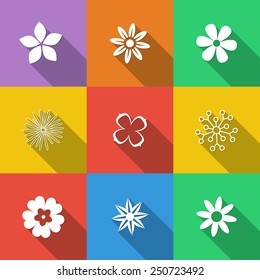 Set of floral buttons in a flat style with long shadows