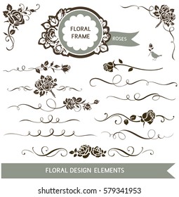 Set of floral calligraphic design elements. Decorative rose silhouette and wedding invitation  calligraphy design elements