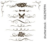 Set of floral calligraphic elements and ornament. Silhouettes of decorative flowers, birds and butterfly. Dividers and corners for your design and page decoration