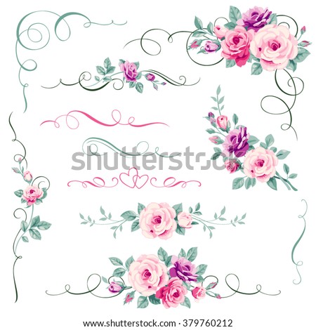 Set of floral calligraphic elements,dividers and corners for weeding invitations, greeting romantic card decorations.Decorative ornament with rose.Vector pink,purple flowers,heart and love adornment