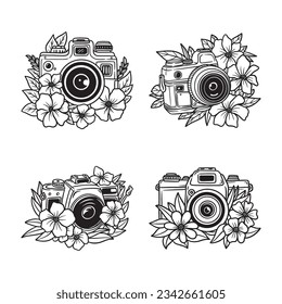 Set of floral camera hand drawn vector