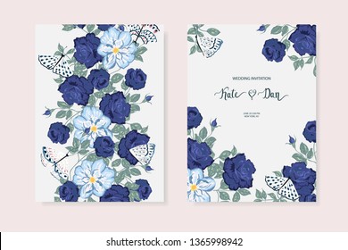 Set of floral card with blue flowers and butterflies. Greenery frame. Rustic style. For wedding, birthday, party, save the date. Vector illustration. Watercolor style