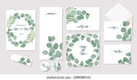 Set of floral card with eucalyptus leaves. Greenery frame.Rustic style. For wedding, birthday, party, save the date. Vector illustration. Watercolor style