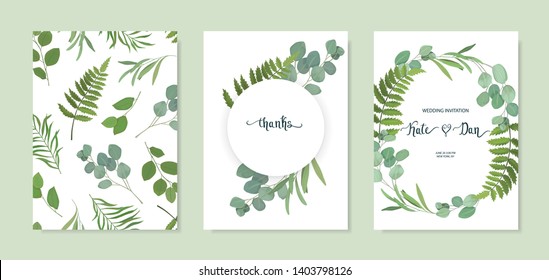 Set of floral card with eucalyptus leaves. Greenery frame.Rustic style. For wedding, birthday, party, save the date. Vector illustration. Watercolor style 