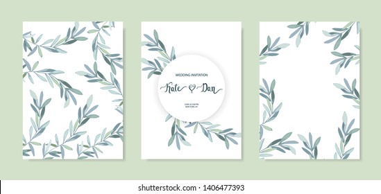 Set of floral card with eucalyptus leaves. Greenery frame.Rustic style. For wedding, birthday, party, save the date. Vector illustration. Watercolor style 