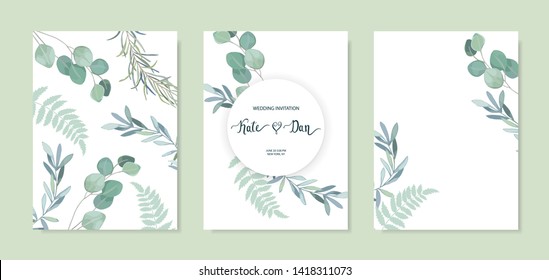 Set of floral card with eucalyptus leaves. Greenery frame.Rustic style. For wedding, birthday, party, save the date. Vector illustration. Watercolor style 