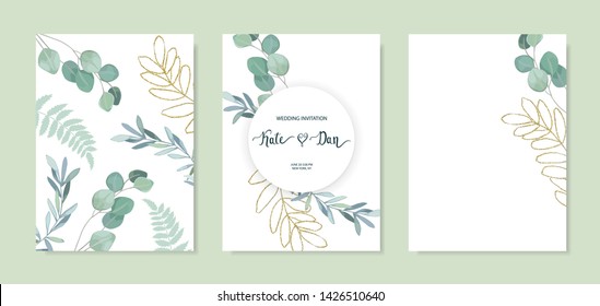 Set Of Floral Card With Eucalyptus Leaves And Gold Elements. Greenery Frame. Rustic Style. For Wedding, Birthday, Party, Save The Date. Vector Illustration. Watercolor Style 