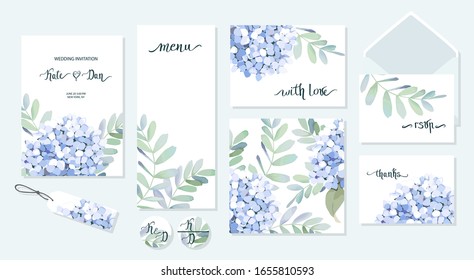 Set of floral card with eucalyptus leaves and hortensia. Greenery frame. Rustic style. For wedding, birthday, party, save the date. Vector illustration.