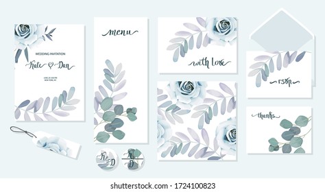 Set of floral card with eucalyptus leaves and blue rose. Greenery frame. Rustic style. For wedding, birthday, party, save the date. Vector illustration. Watercolor style