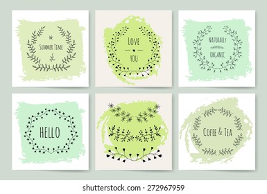Set of floral card. Hand Drawn vintage floral elements. Swirls, laurels, frames, leaves, banners and curls. Laurels. 