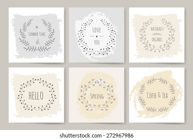 Set of floral card. Hand Drawn vintage floral elements. Swirls, laurels, frames, leaves, banners and curls. Laurels. 