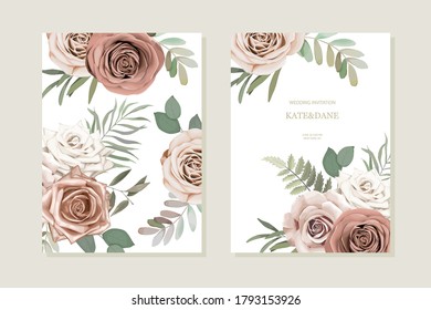 Set of floral card with herbal branch and  rose. Greenery frame. Rustic style. For wedding, birthday, party, save the date. Vector illustration. Watercolor style