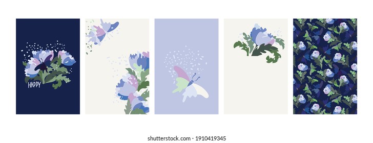 set of floral card motives. Vector peonies, butterflies, floral ornaments on blue and white background