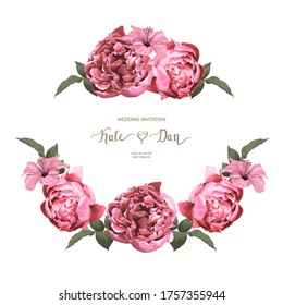Set of floral card with peonies, hibiscus and herbal branches. Invitation frame.  For wedding, birthday, party, save the date. Vector illustration. Watercolor style 