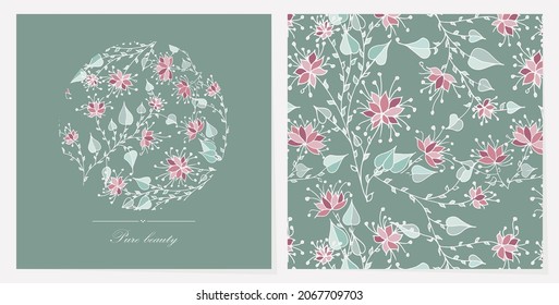Set of floral card templates with pattern. Green luxury design for herbal, healthy, organic, beauty product - cosmetic or florist label. Label packaging, letter, banner, flyer. 