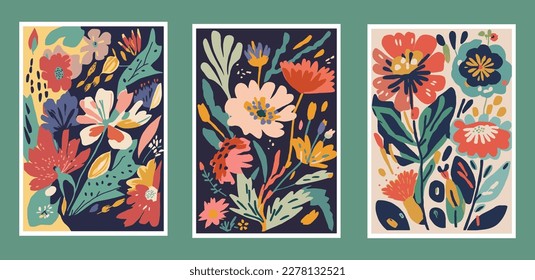 Set of floral cards with abstract flowers. Hand drawn vector illustration. wall art print poster