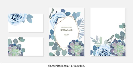 Set of floral cards with cactus,  eucalyptus, gold  elements and blue rose. Vector illustration with flowers on white background for wedding, greeting cards