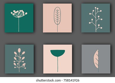 Set of floral cards, interior posters. Hand drawn flowers, branches and leaves. Cute printable vector illustrations for textile, covers, fabric, invitations, scrapbook, home decor. Scandinavian style