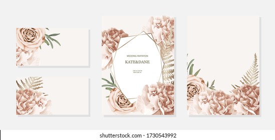 Set of floral cards with peony, fern, gold  elements and rose. Vector illustration with flowers on white background for wedding, greeting cards
