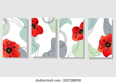 Set of floral cards. Poppies and abstract spots. Vector illustration isolated on white background. For prints and postcards, greetings, gifts, covers and flyers, decoration of various products.