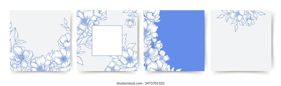 Conjunto de Plantillas de tarjetas florales. Diseño con elegante patrón azul dibujado a mano de flores y hojas en estilo de arte de línea. Ilustración vectorial con grabado floral vintage