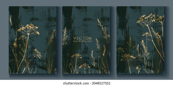 set of floral cards with textured background with golden effect