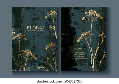 set of floral cards with textured background with golden effect