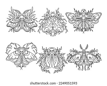 Set of floral celestial moth. Collection of flying magic insects with floral ornament. Mystical tropical butterfly. Vector illustration of flying beetles with wings. Linear art.