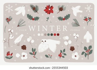 Set of floral Christmas traditional winter holidays elements. Winter berries, branches, leaves, holly leaf, birds, owl. Folk vector hand drawn scandinavian style on beige background, isolated clip art