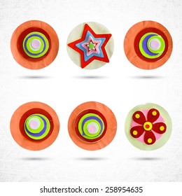 Set of floral circle design elements, evoke front view flower bloom, collection of 6. 