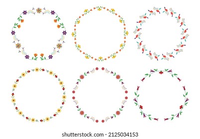 Set of floral circle frames. Style of Mexican embroidery Otomi Tenango. Vector illustration.