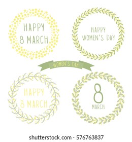 Set floral  circular frames with mimosa .Greeting lettering Women's Day.