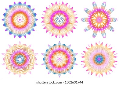 Set of Floral Color Mandala. Arabic, Indian, Motifs. Vector Illustration. Rainbow color.