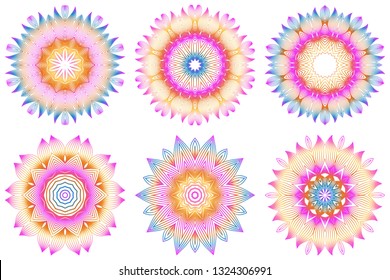Set of Floral Color Mandala. Arabic, Indian, Motifs. Vector Illustration. Rainbow color.