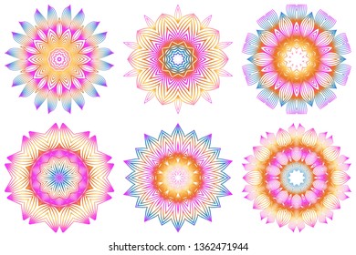 Set of Floral Color Mandala. Arabic, Indian, Motifs. Vector Illustration. Rainbow color.