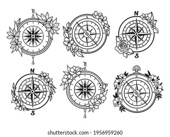 Set of  floral compasses. Collection of stylized compass rose. Nautical. Decorative items for travel with a floral wreath. Vector illustration isolated on white background. Tattoo.